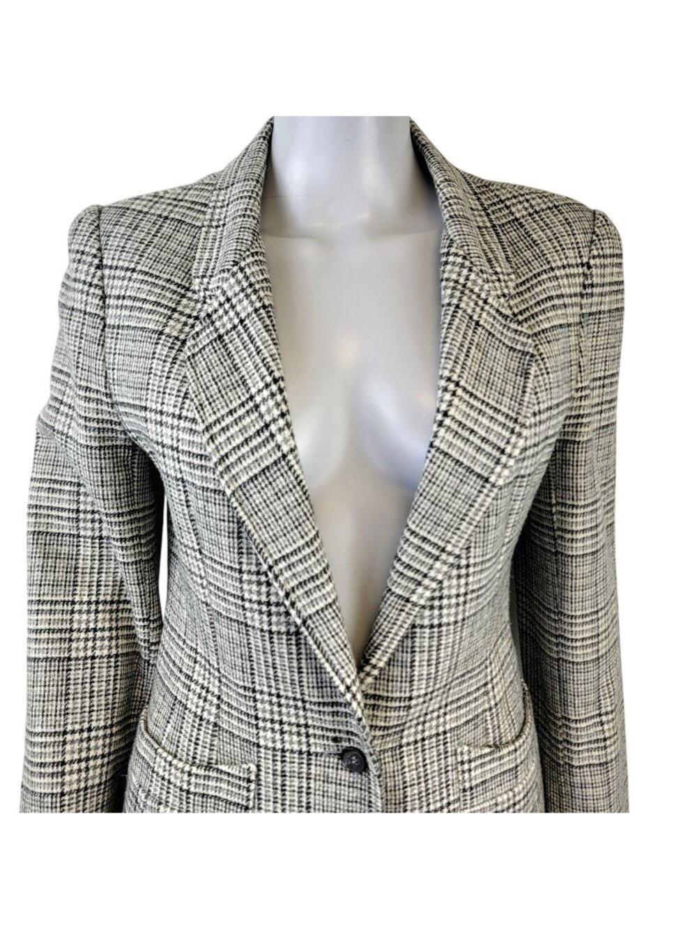 Vintage 70s Plaid Wool Blazer Jacket Women 8 Black Gray Suit Coat Formal Work M